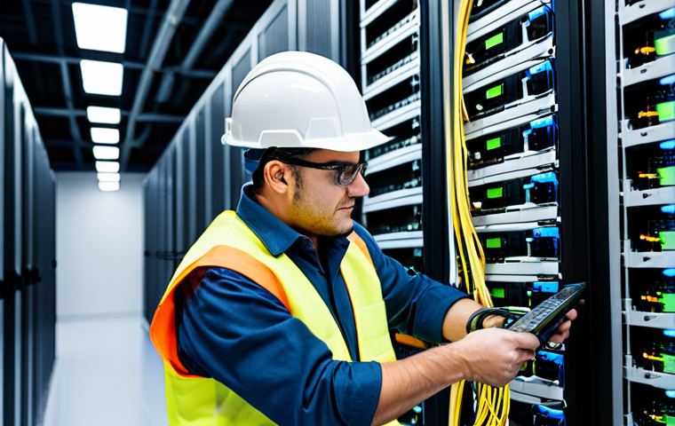 Fiber Optic Technician**

"A professional telecommunications technician, fully clothed in appropriate work attire (high-visibility vest, hard hat), carefully splicing fiber optic cables inside a modern, well-lit data center. Focus on the precision and technology. Safe for work, appropriate content, perfect anatomy, well-formed hands, professional, family-friendly, modest. High quality, realistic rendering, detailed."

**