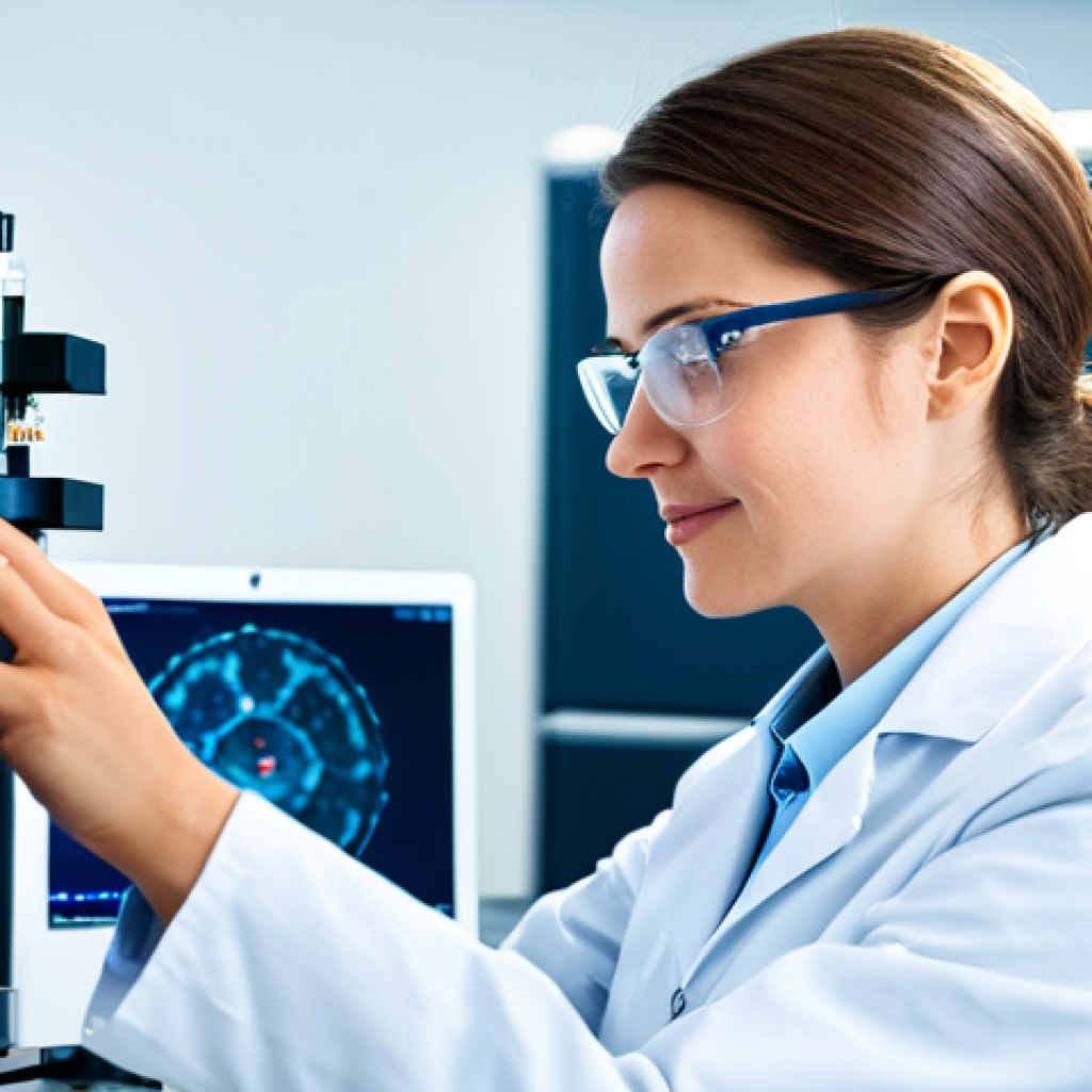 양자 컴퓨팅 통신 - Quantum Researcher in a Lab**
"A professional female scientist in a fully clothed, modest lab coat ...