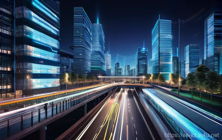 엣지 컴퓨팅 개념 - **Smart City Connected by Edge Computing**
    "A vibrant, high-angle shot of a futuristic smart cit...