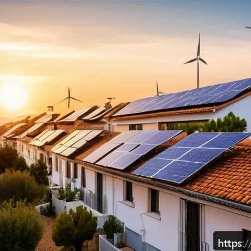 Home 30 스마트 그리드 네트워크 - A vibrant urban neighborhood in Spain featuring modern smart grid technology: rooftop solar panels o...