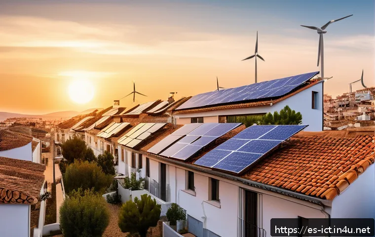 스마트 그리드 네트워크 - A vibrant urban neighborhood in Spain featuring modern smart grid technology: rooftop solar panels o...