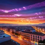 Home 23 IPv6 프로토콜 분석 - A futuristic digital cityscape representing the transition from IPv4 to IPv6, featuring glowing netw...