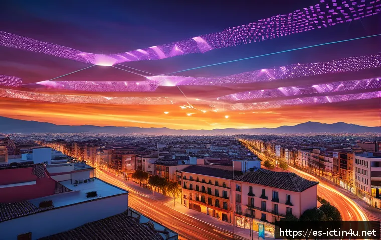 IPv6 프로토콜 분석 - A futuristic digital cityscape representing the transition from IPv4 to IPv6, featuring glowing netw...