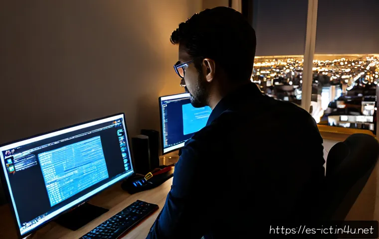 해킹 및 사이버 보안 - Photorealistic cybersecurity analyst in a modern Madrid home office, viewed over the shoulder, study...
